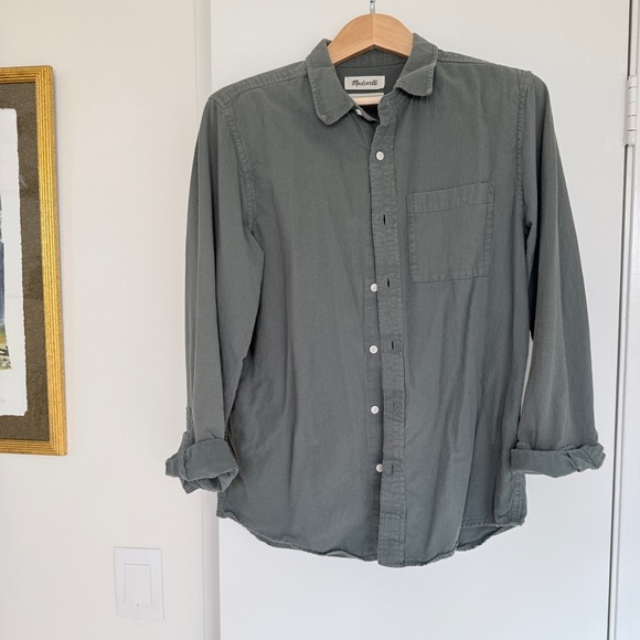Madewell Crinkle Cotton Perfect Long-Sleeve Shirt architect steel green slim fit - Picture 3 of 12